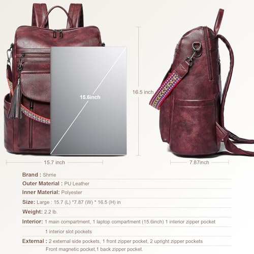 Shrrie Laptop Backpack for Women 15.6 inch,Travel Leather Backpack Purse Nurse Teacher Carry on Backpack Computer Bag,Professional Water-Resistant College Business Work Casual Daypack,Two-tone Maroon - Image 3