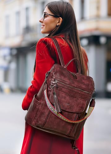 Shrrie Laptop Backpack for Women 15.6 inch,Travel Leather Backpack Purse Nurse Teacher Carry on Backpack Computer Bag,Professional Water-Resistant College Business Work Casual Daypack,Two-tone Maroon - Image 2