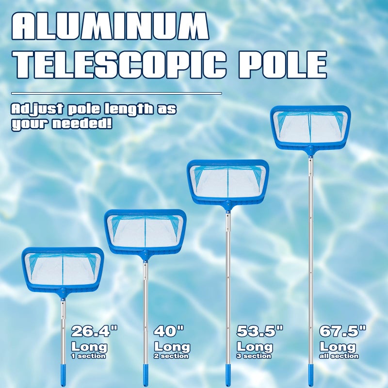 Tavaleu Pool Skimmer - Pool Net with Pole, 4 Section, 26.4"-66.5" Thick Adjustable Telescopic Pole & Fine Mesh Pool Skimmer Net,Larger Capacity Pool Nets for Cleaning, Durable Deep Rake Pool Net Skimmer - Image 3