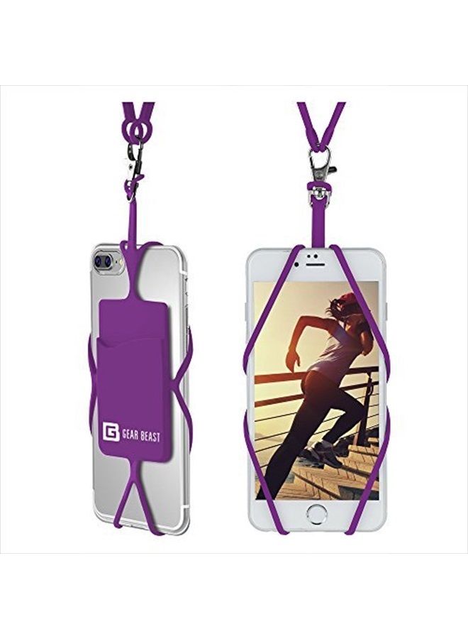 Gear Beast Cell Phone Lanyard - Universal Neck Phone Holder w/Card Pocket and Silicone Neck Strap - Compatible with Most Smartphones, Purple - Image 1