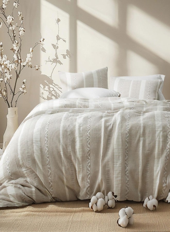 Bedsure Waffle Queen Comforter Set - Linen Soft Cotton Bedding Set for All Seasons, Stripe Fluffy Bed Set 3 Pieces with 1 Waffle Weave Comforter Queen Size and 2 Pillow Shams - Image 1