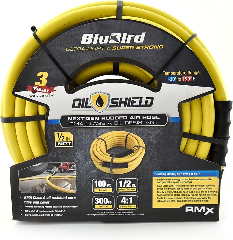 BluBird OIL SHIELD OS12100 12 x 100 Class A Rubber Air Hose 50F to 200F 1200PSI Burst Pressure Grease and Oil Resistant Retards Firesparks Brass Fittings 4 Fingergrip Bend Restrictor - Image 1