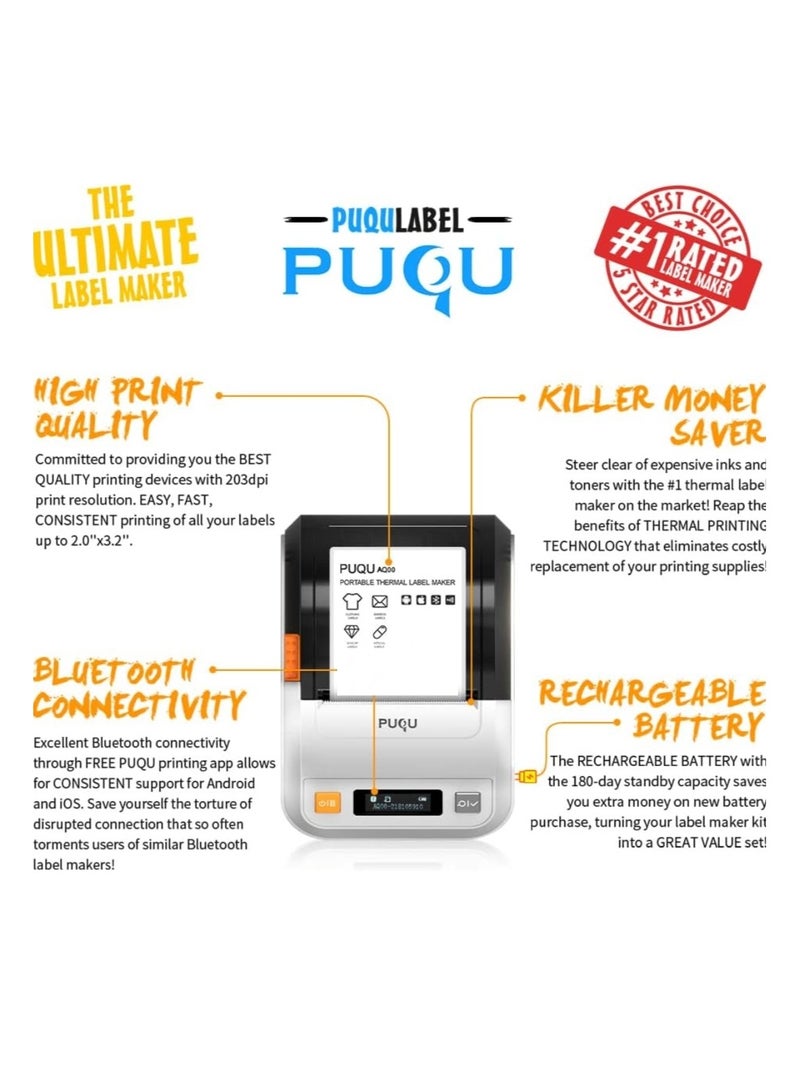 PUQULABEL PUQU Wireless Label Printer, Portable Bluetooth Thermal Label Maker Q00 with Rechargeable Battery, Pocket Size and HD Printing for Android & iOS System Compatible - White