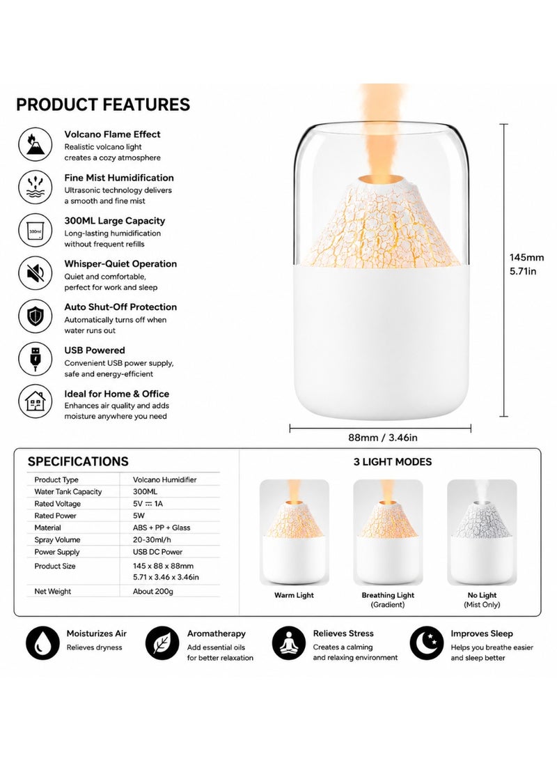 Volcano Flame Essential Oil Diffuser & Ultrasonic Humidifier, 300Ml Aromatherapy Diffuser With Led Ambient Light, Usb Powered For Home, Office & Bedroom - Image 3
