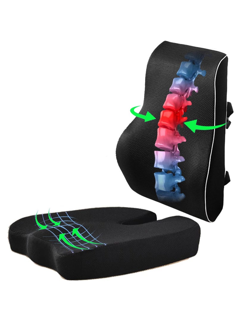 شو وو طقم مكون من قطعتين من وسادة المقعد المريحة المحمولة المتقدمة ووسادة دعم قطني مع وسادة دعم خلفية كبيرة جدًا من إسفنج الذاكرة للسيارة والمكتب وكرسي الكمبيوتر والكرسي المتحرك - Image 1
