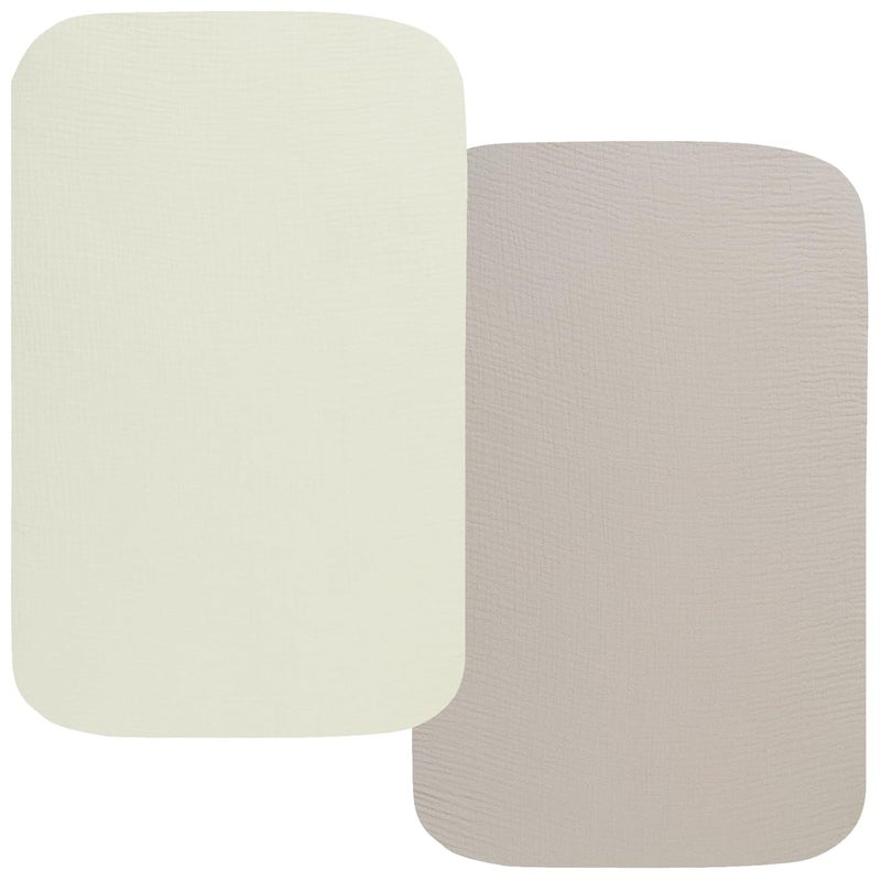 Onacosht Muslin Bassinet Sheets 33 x 19 Compatible with Mika Micky KoolaBaby 3 in 1 BabyBond HARPPA and RICUTON Bedside Bassinet 2 Pack for Baby Boy and Girl Fog and Beige - Image 1
