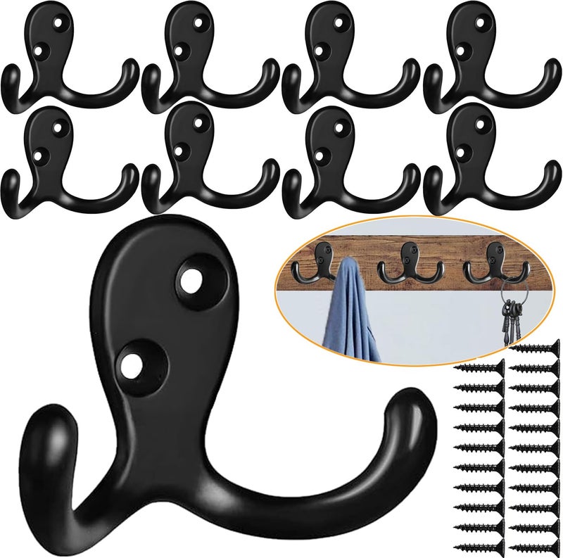 MsBong Coat Hooks Hardware, 10Pcs Wall Hooks Heavy Duty Hooks for Hanging Coats No Rust Double Robe Hook Wall Mounted for Key Towel Bags Cup Hat (Black) - Image 1