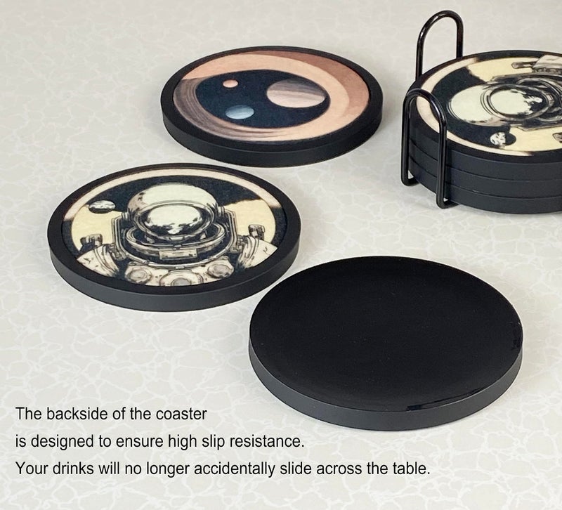 MECOWON Absorbent Coasters for Drinks with Holder - 6packs  Silicone Coasters with Soft Felt Insert (4.3 inch Coasters with 4.5 inch Holder  Dual-Sided Space -Themed Patterns) - Image 3