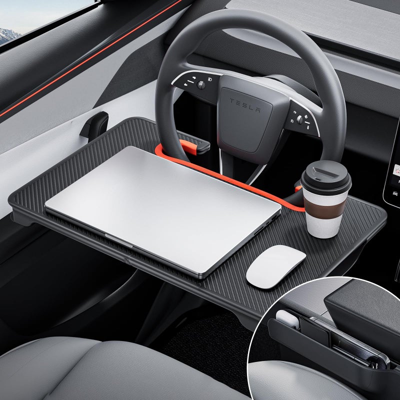 YONZEE 2-in-1 Car Steering Wheel Desk Tray & Car Seat Gap Filler Organizer â€“ Foldable Carbon Fiber Look Table for Laptop, Eating, Writing â€“ for Standard Round Steering Wheels - Image 1