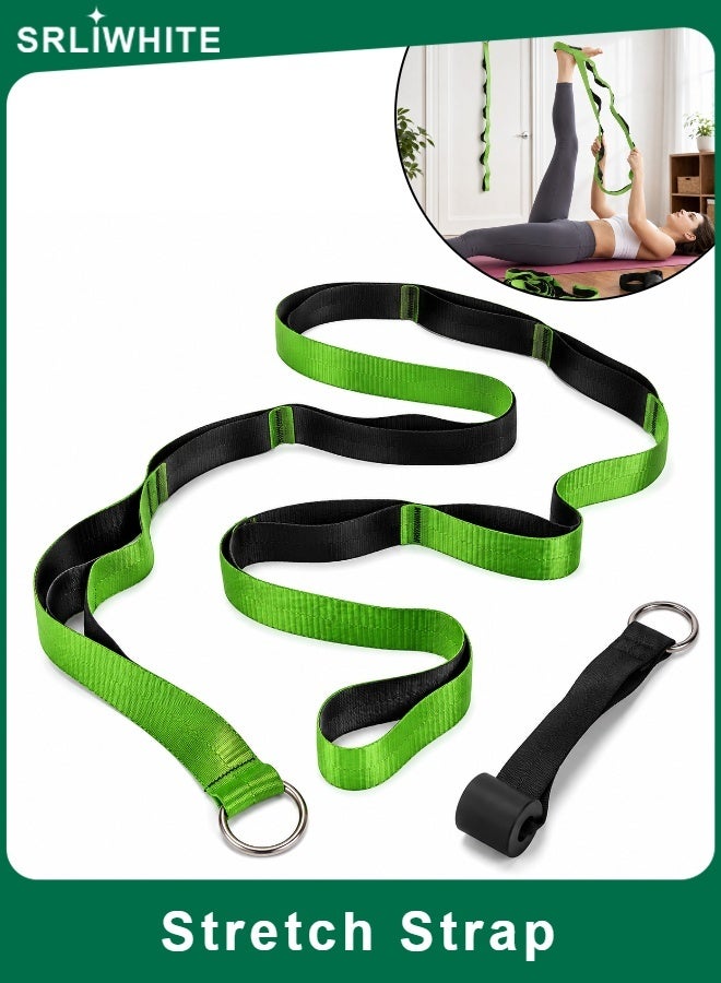 SRLIWHITE Stretch Strap with Door Anchor, Multi Loop Yoga Stretching Strap, Green Nylon Webbing Fitness Strap for Home Exercise, Pilates, Dance, Daily Flexibility Training (220*3.8 CM) - Image 1