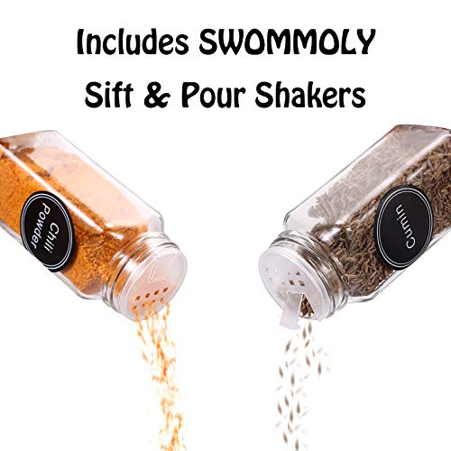 SWOMMOLY 25 Glass Spice Jars with 703 Spice Labels, Chalk Marker and Funnel Complete Set. 25 Square Glass Jars 4OZ, Airtight Cap, Pour/sift Shaker Lid - Image 5