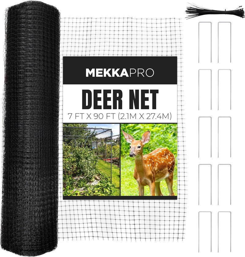 MEKKAPRO شبكة حماية الحدائق من الغزلان من ، مقاسات 7 أقدام × 90 قدم، سمك 40 جرام/متر مربع، حاجز قوي للحيوانات، مثالية لحماية الحدائق من الطيور وكسياج مؤقت، مناسبة لحماية نباتات الفاكهة، لون أسود. - Image 1