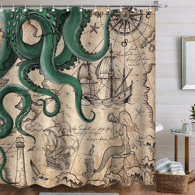 Fungarth Vintage Green Nautical Octopus Shower Curtain Mermaid Funny Ocean Kraken Shower Curtains for Bathroom Cool Anchor Coastal Map Waterproof Fabric Bath Curtain with Hooks (Retro2, 72â€ x 72â€) - Image 1