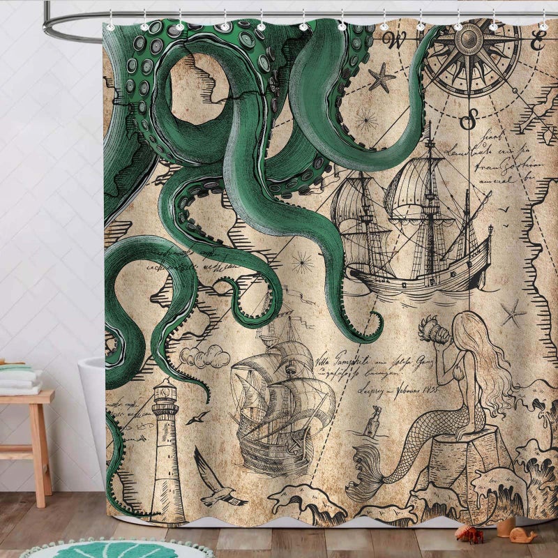 Fungarth Vintage Green Nautical Octopus Shower Curtain Mermaid Funny Ocean Kraken Shower Curtains for Bathroom Cool Anchor Coastal Map Waterproof Fabric Bath Curtain with Hooks (Retro2, 72â€ x 72â€) - Image 4