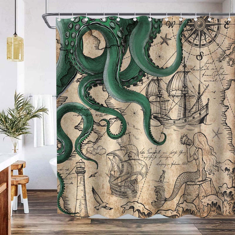 Fungarth Vintage Green Nautical Octopus Shower Curtain Mermaid Funny Ocean Kraken Shower Curtains for Bathroom Cool Anchor Coastal Map Waterproof Fabric Bath Curtain with Hooks (Retro2, 72â€ x 72â€) - Image 2