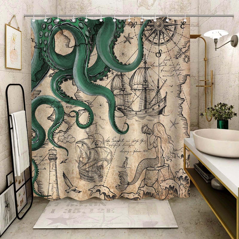 Fungarth Vintage Green Nautical Octopus Shower Curtain Mermaid Funny Ocean Kraken Shower Curtains for Bathroom Cool Anchor Coastal Map Waterproof Fabric Bath Curtain with Hooks (Retro2, 72â€ x 72â€) - Image 5