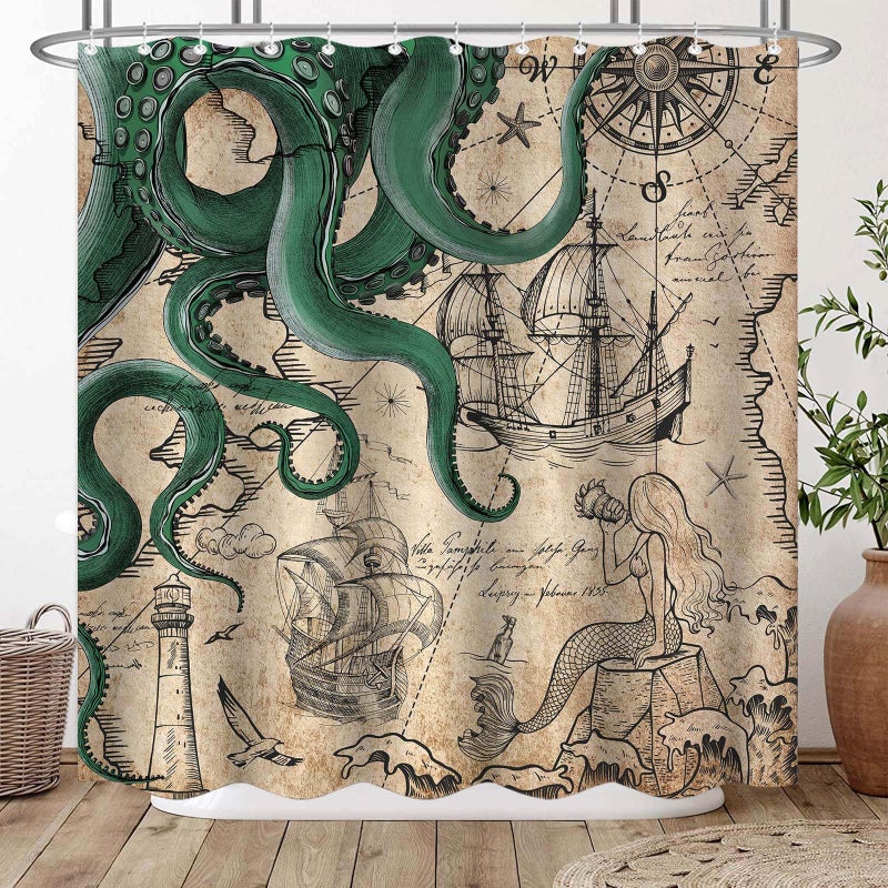 Fungarth Vintage Green Nautical Octopus Shower Curtain Mermaid Funny Ocean Kraken Shower Curtains for Bathroom Cool Anchor Coastal Map Waterproof Fabric Bath Curtain with Hooks (Retro2, 72â€ x 72â€) - Image 3