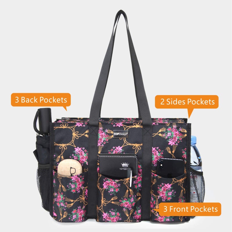 TOPDesign Utility Water Resistant Tote Bag with 13 Exterior & Interior Pockets, Top Zipper Closure & Thick Bottom Support, for Working Women, Teachers, Nurses, Accountants (Baroque Cloves) - Image 3