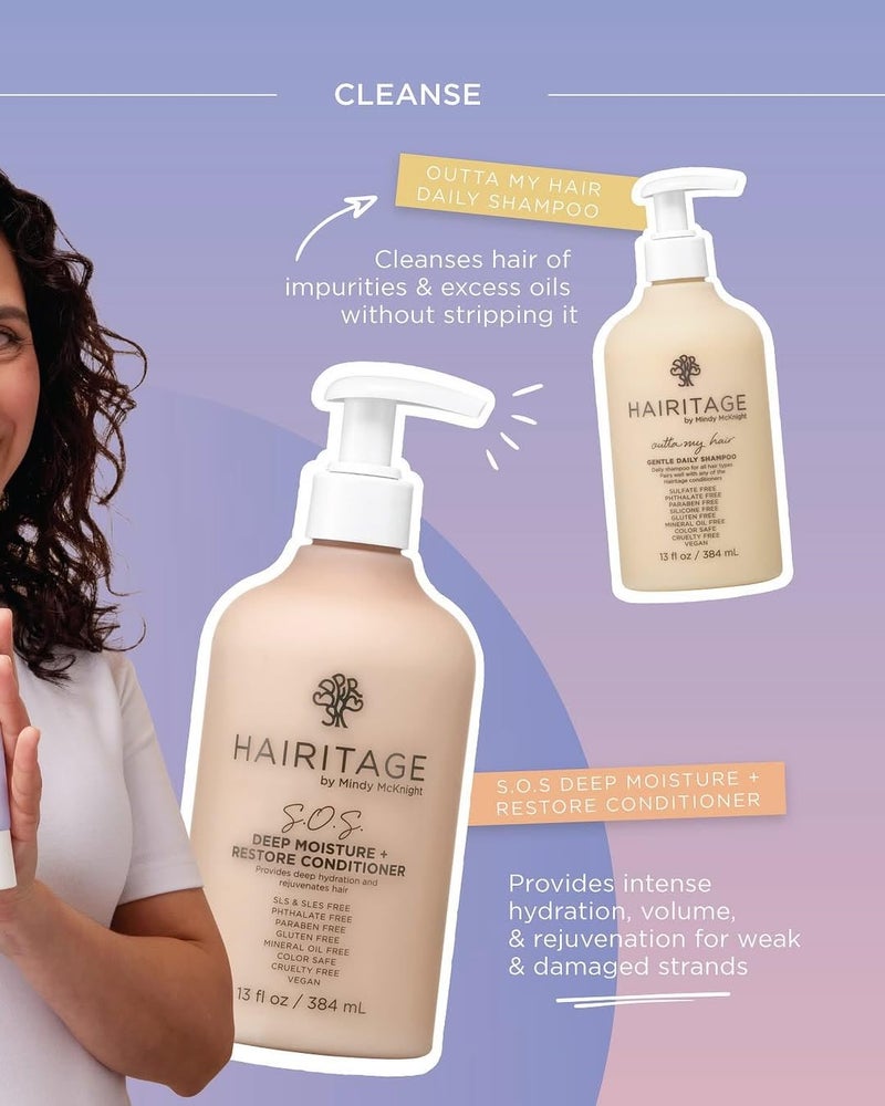 Hairitage Gentle Daily Moisture Shampoo and Conditioner Set - Split End + Bond Strengthening for Dry, Damaged Hair with Jojoba Oil - Anti-Frizz and Color Safe - Cherry + Amber Scent (13oz. 2-pack) - Image 2