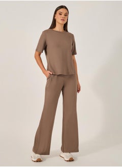 Solid Wide Leg Pants and Round Neck T-Shirt Set