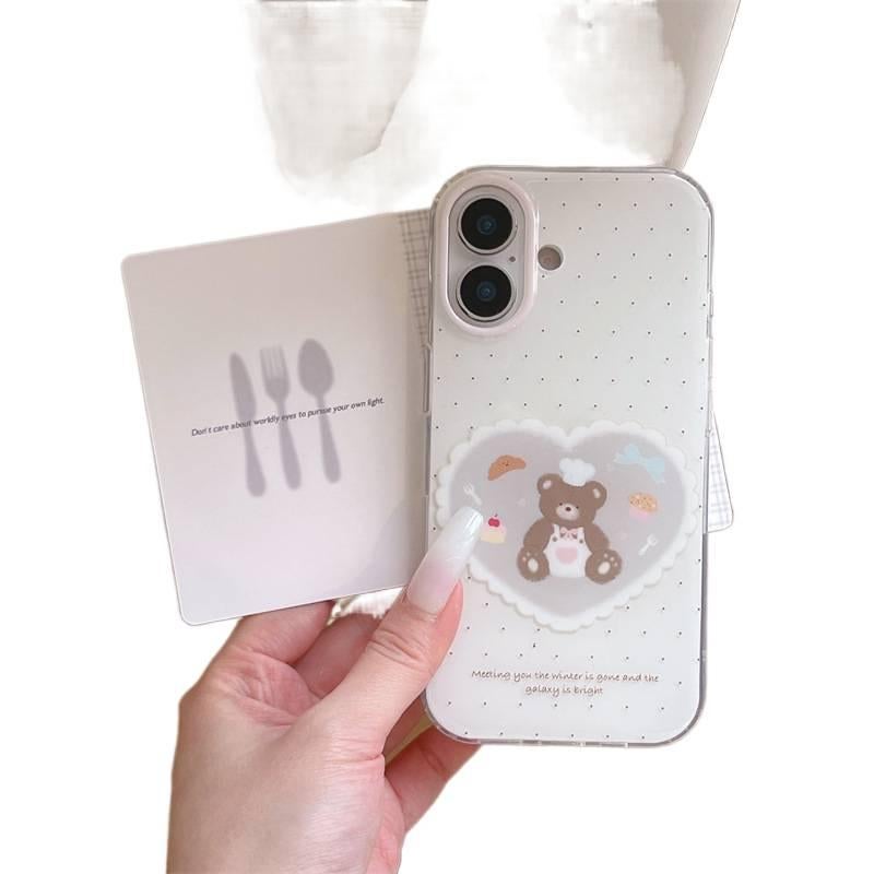 غطاء واقي بسيليكون لـ iPhone 15 / 15 Plus / 15 Pro / 15 Pro Max مع حماية من السقوط ونقشة منقطة مع مقاوم للصدمات مع نقشة قلب وشيف دب باللون أبيض من السيليكون للسفر للمكتب - Image 4