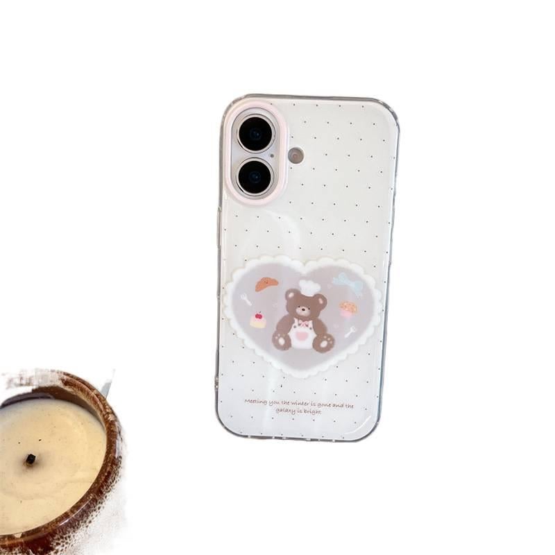 غطاء واقي بسيليكون لـ iPhone 15 / 15 Plus / 15 Pro / 15 Pro Max مع حماية من السقوط ونقشة منقطة مع مقاوم للصدمات مع نقشة قلب وشيف دب باللون أبيض من السيليكون للسفر للمكتب - Image 1