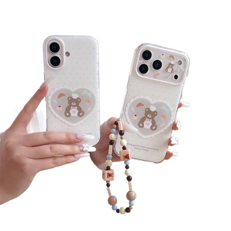 غطاء واقي بسيليكون لـ iPhone 15 / 15 Plus / 15 Pro / 15 Pro Max مع حماية من السقوط ونقشة منقطة مع مقاوم للصدمات مع نقشة قلب وشيف دب باللون أبيض من السيليكون للسفر للمكتب - Image 2