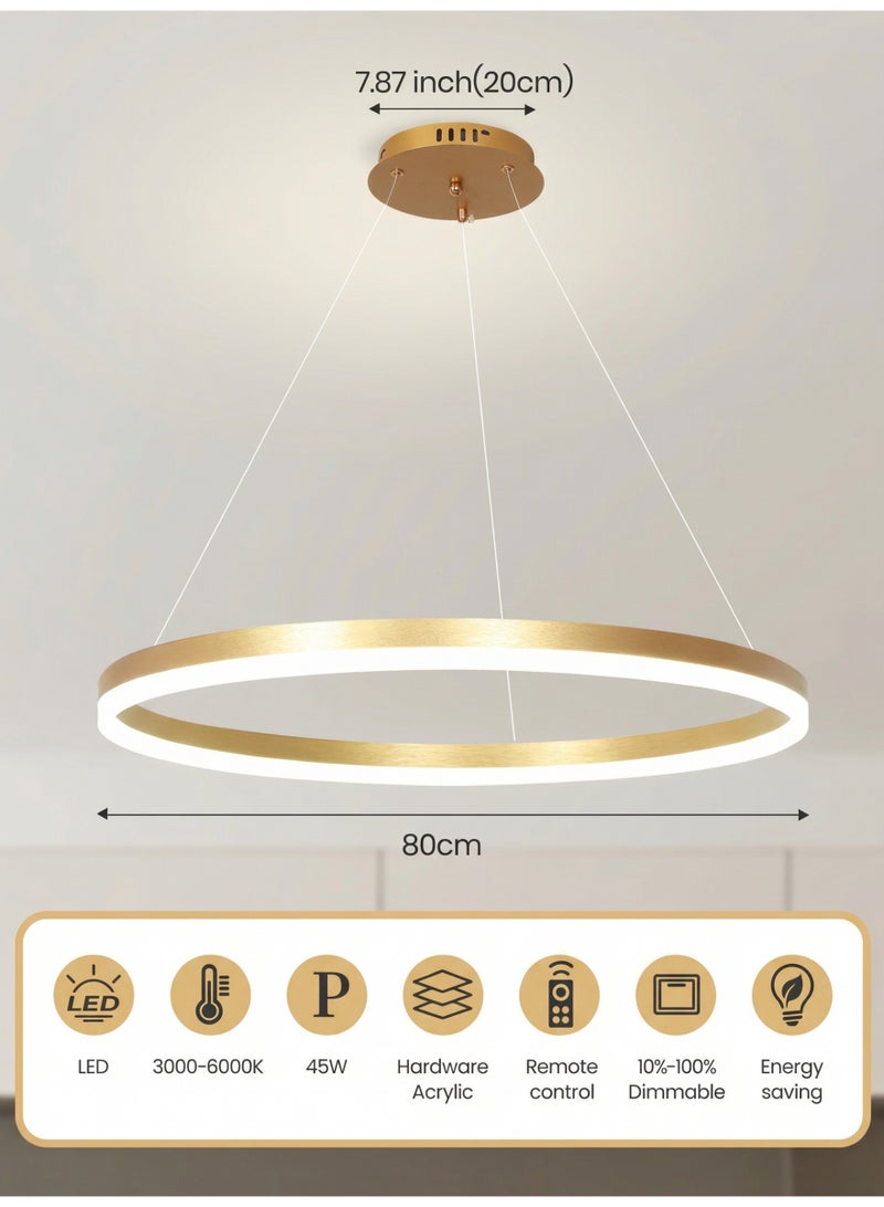 YATAI LIGHTING ثريا LED دائرية ذهبية حديثة 80 سم، ضوء سقف قابل للتعتيم 45 واط مع جهاز تحكم عن بعد، ارتفاع قابل للتعديل، إضاءة متغيرة الألوان 3000K–6000K لغرف الطعام والمعيشة - Image 2