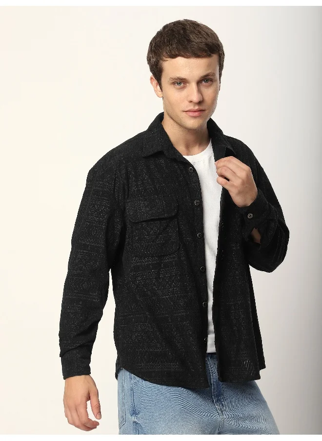 بيونغ Black Geometric Textured Corduroy Shirt