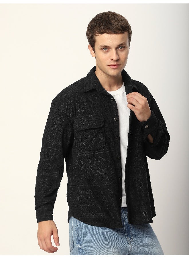 Beyoung Black Geometric Textured Corduroy Shirt  - Image 1