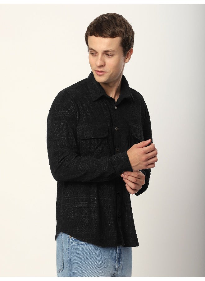Beyoung Black Geometric Textured Corduroy Shirt  - Image 2