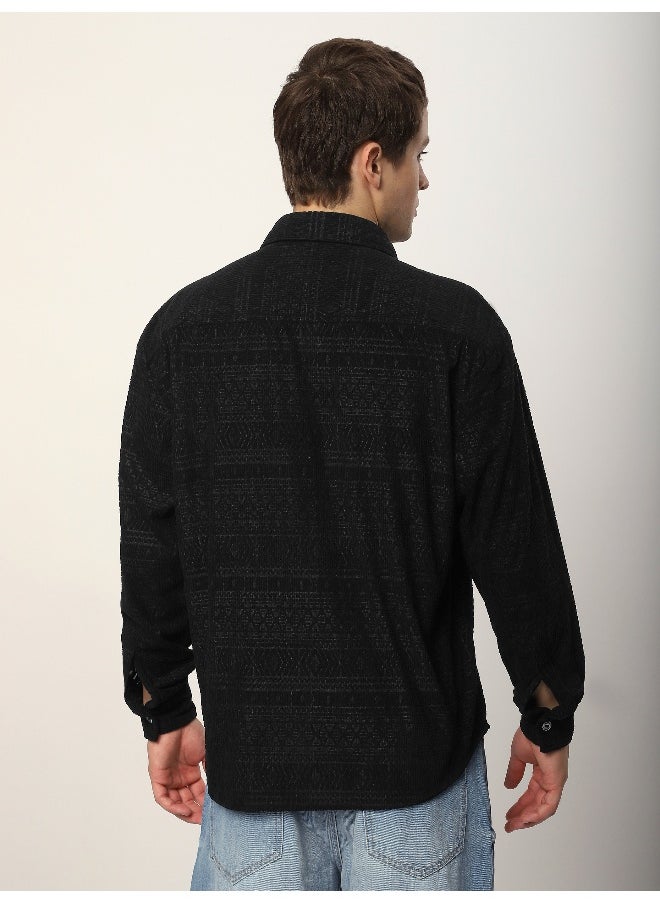 Beyoung Black Geometric Textured Corduroy Shirt  - Image 5