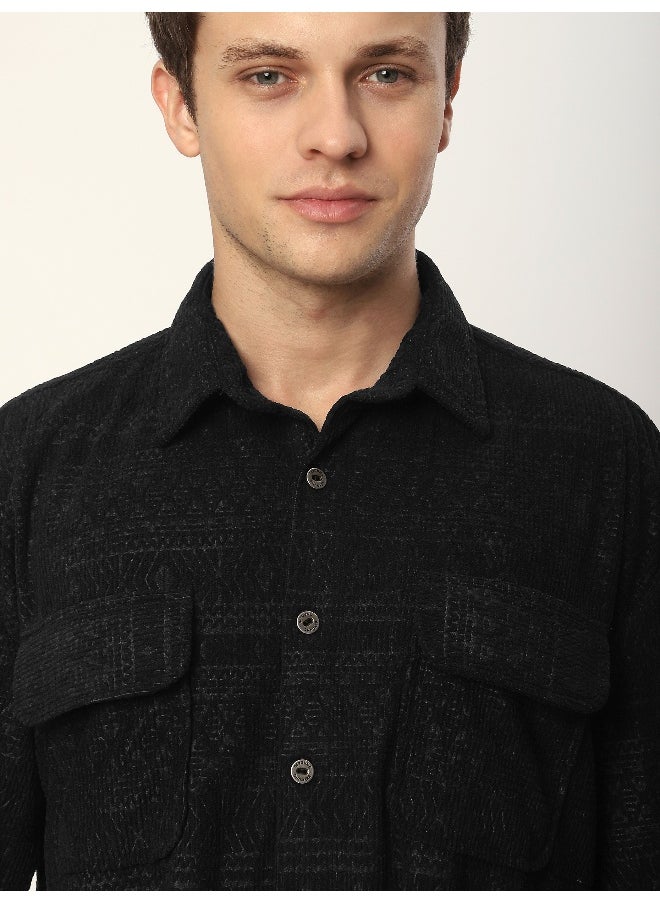Beyoung Black Geometric Textured Corduroy Shirt  - Image 3
