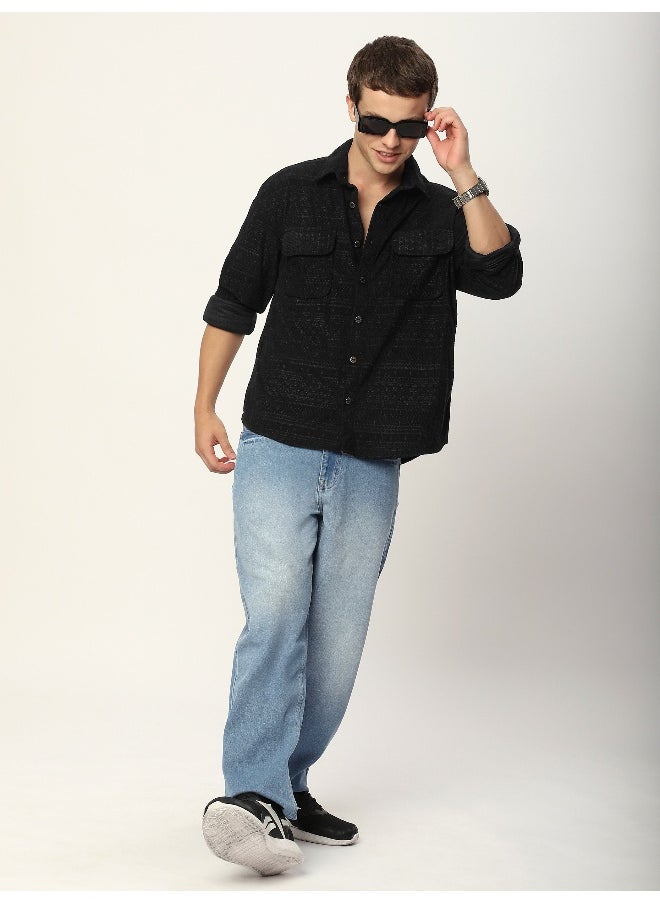 Beyoung Black Geometric Textured Corduroy Shirt  - Image 4