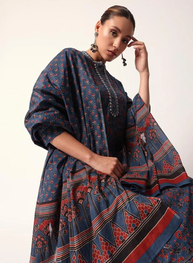 ISHIN Women's Blue Cotton Textured Tunic Full Palazzo Regular Fit Kurta Set