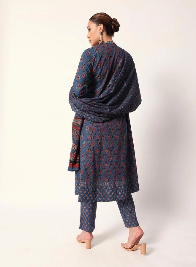 ISHIN Women's Blue Cotton Textured Tunic Full Palazzo Regular Fit Kurta Set
