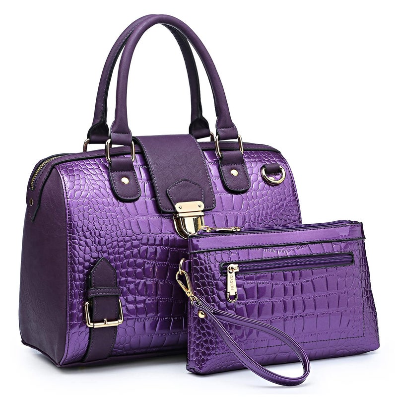 Dasein Women Barrel Handbags Fashion Satchel Bags Top Handle Shoulder Purses Vegan Leather Work Tote Crocodile Purple