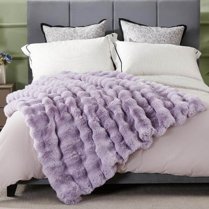 DECORATIVE SOFT FUZZY FAUX FUR THROW BLANKET FOR COUCH SOFA 50 X 60 REVERSIBLE PLUSH MICROFIBER THICK WARM FLUFFY BLANKETS FOR WINTER CUTE COZY BUBBLE FURRY BLANKET FOR BED CHAIR PURPLE