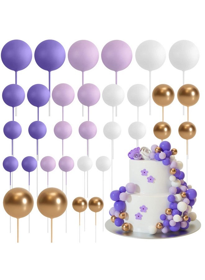 ASTARON 32 Pcs Ball Cake Topper Decorations Mini Balloons Cake Topper Sticks Foam Balls Cake Picks Cake Topper Balls Cake Decorations For Wedding Party Birthday Cake Decorating (Purple Gold) - Image 1