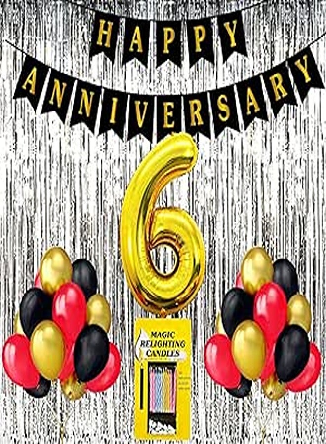 Surprises Planner Anniversary Banner, Metallic Balloons, No.6 Foil Balloon, Foil Curtain, Magic Candles Decoration Set for 6th Anniversary/Husband/Wife/Celebration - Pack of 34 