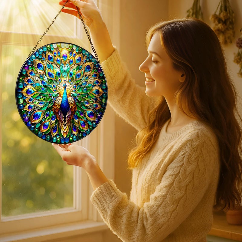 LAOWEIKI Stained Glass Window Hanging, LAOWEIKI 8'' Peacock Suncatcher, Stained Glass Ornament, Suncatchers for Windows Hanging, Window Decor, Outdoor or Indoor, Gifts for Women, Lovers, Couple, Friend, Bestie - Image 2