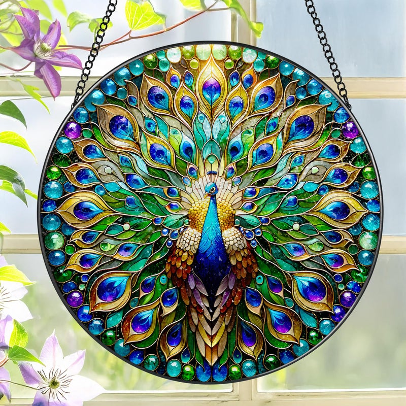 LAOWEIKI Stained Glass Window Hanging, LAOWEIKI 8'' Peacock Suncatcher, Stained Glass Ornament, Suncatchers for Windows Hanging, Window Decor, Outdoor or Indoor, Gifts for Women, Lovers, Couple, Friend, Bestie - Image 1