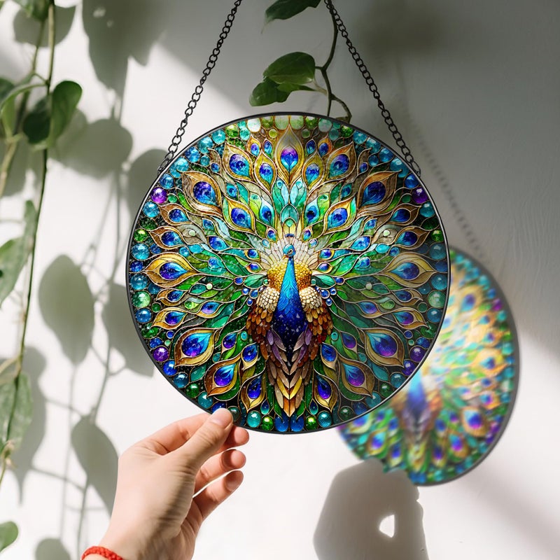 LAOWEIKI Stained Glass Window Hanging, LAOWEIKI 8'' Peacock Suncatcher, Stained Glass Ornament, Suncatchers for Windows Hanging, Window Decor, Outdoor or Indoor, Gifts for Women, Lovers, Couple, Friend, Bestie - Image 3