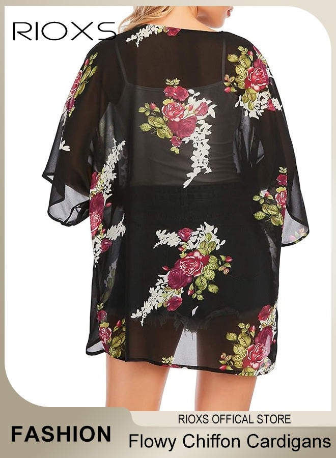 RIOXS Womens Beach Cover Up Floral Print Kimono Casual Cardigans Beach Dress Swimsuit Cover Ups  - Image 4