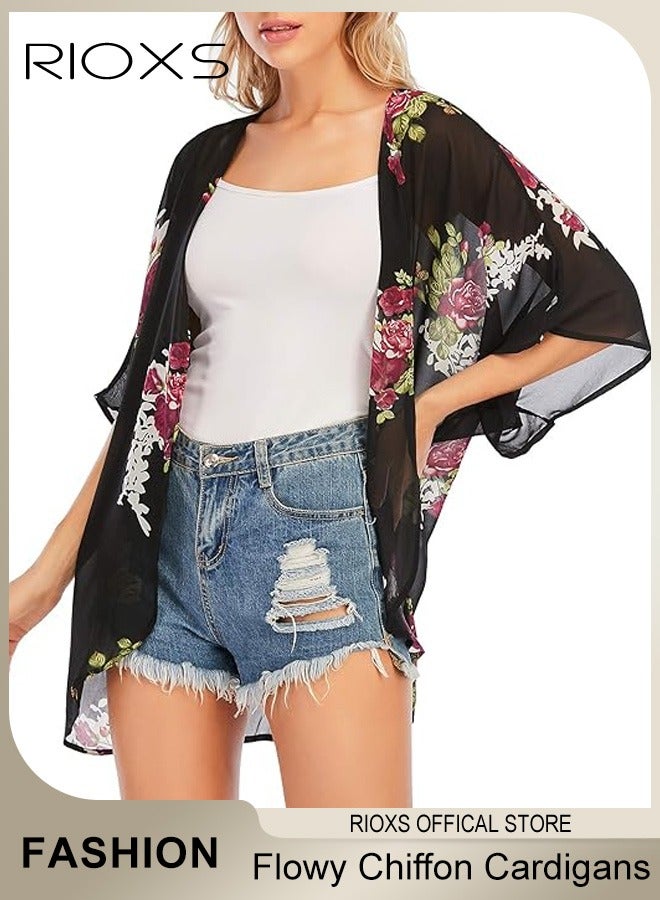 RIOXS Womens Beach Cover Up Floral Print Kimono Casual Cardigans Beach Dress Swimsuit Cover Ups  - Image 2
