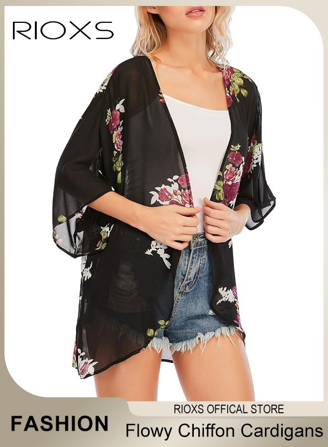 RIOXS Womens Beach Cover Up Floral Print Kimono Casual Cardigans Beach Dress Swimsuit Cover Ups  - Image 1