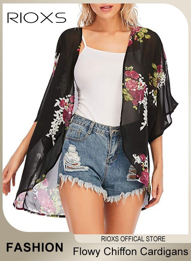 RIOXS Womens Beach Cover Up Floral Print Kimono Casual Cardigans Beach Dress Swimsuit Cover Ups  - Image 3