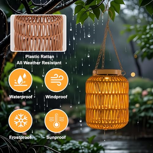 ALL FORTUNE Solar Outdoor Lanterns Waterproof, Hanging Rattan Lantern Lights for Outside, Solar lamp Outdoor Chandelier Idea for Gazebo Pergola Porch Patio Pathway Decor (2) - Image 4