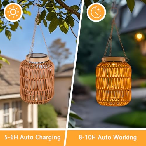 ALL FORTUNE Solar Outdoor Lanterns Waterproof, Hanging Rattan Lantern Lights for Outside, Solar lamp Outdoor Chandelier Idea for Gazebo Pergola Porch Patio Pathway Decor (2) - Image 2