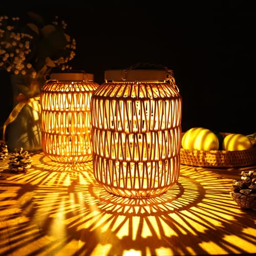 ALL FORTUNE Solar Outdoor Lanterns Waterproof, Hanging Rattan Lantern Lights for Outside, Solar lamp Outdoor Chandelier Idea for Gazebo Pergola Porch Patio Pathway Decor (2) - Image 1